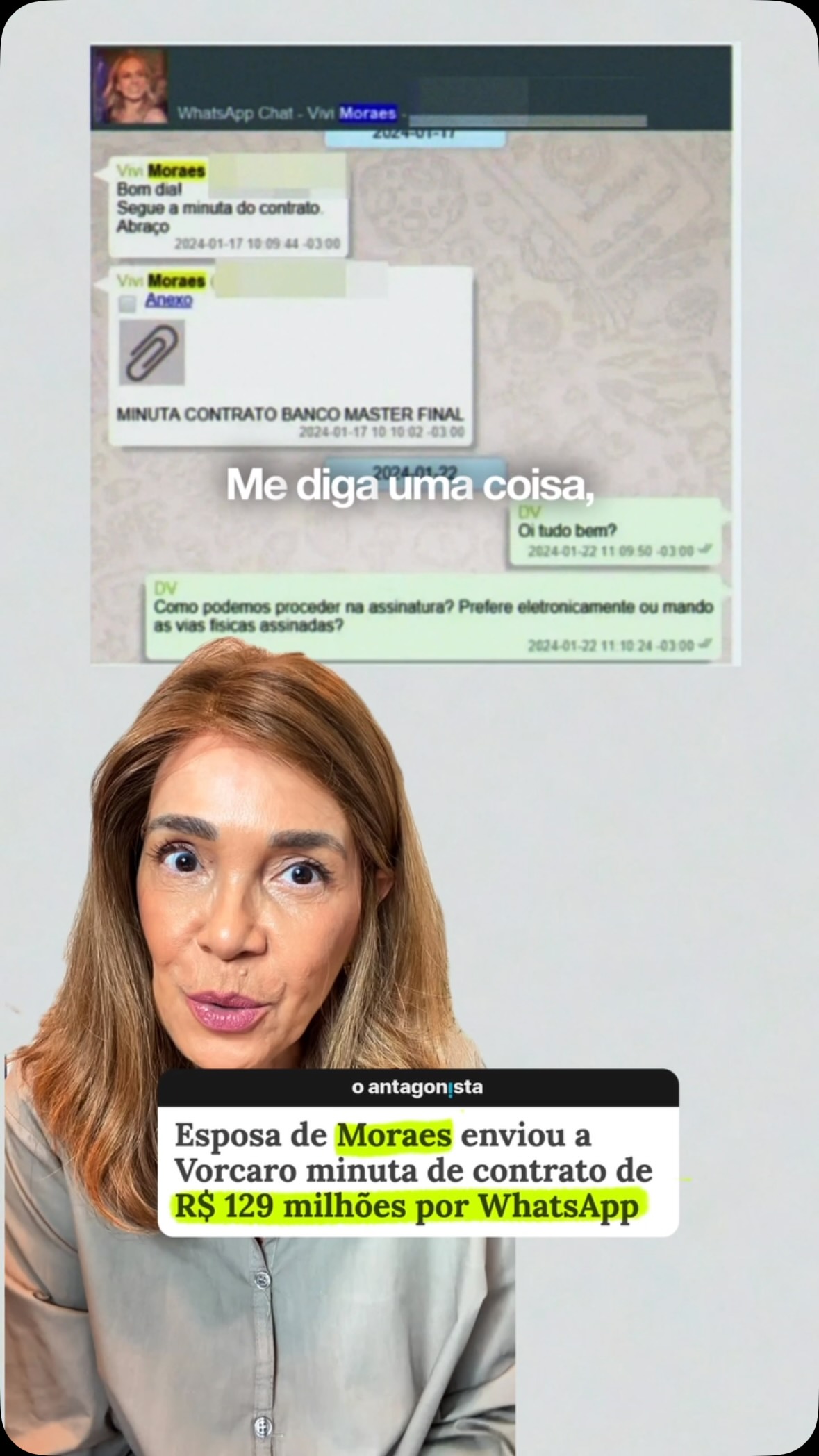 A esposa de Moraes fechou um contrato inexplicável de R$ 129 milhões com Vorcaro, via WhatsApp.
