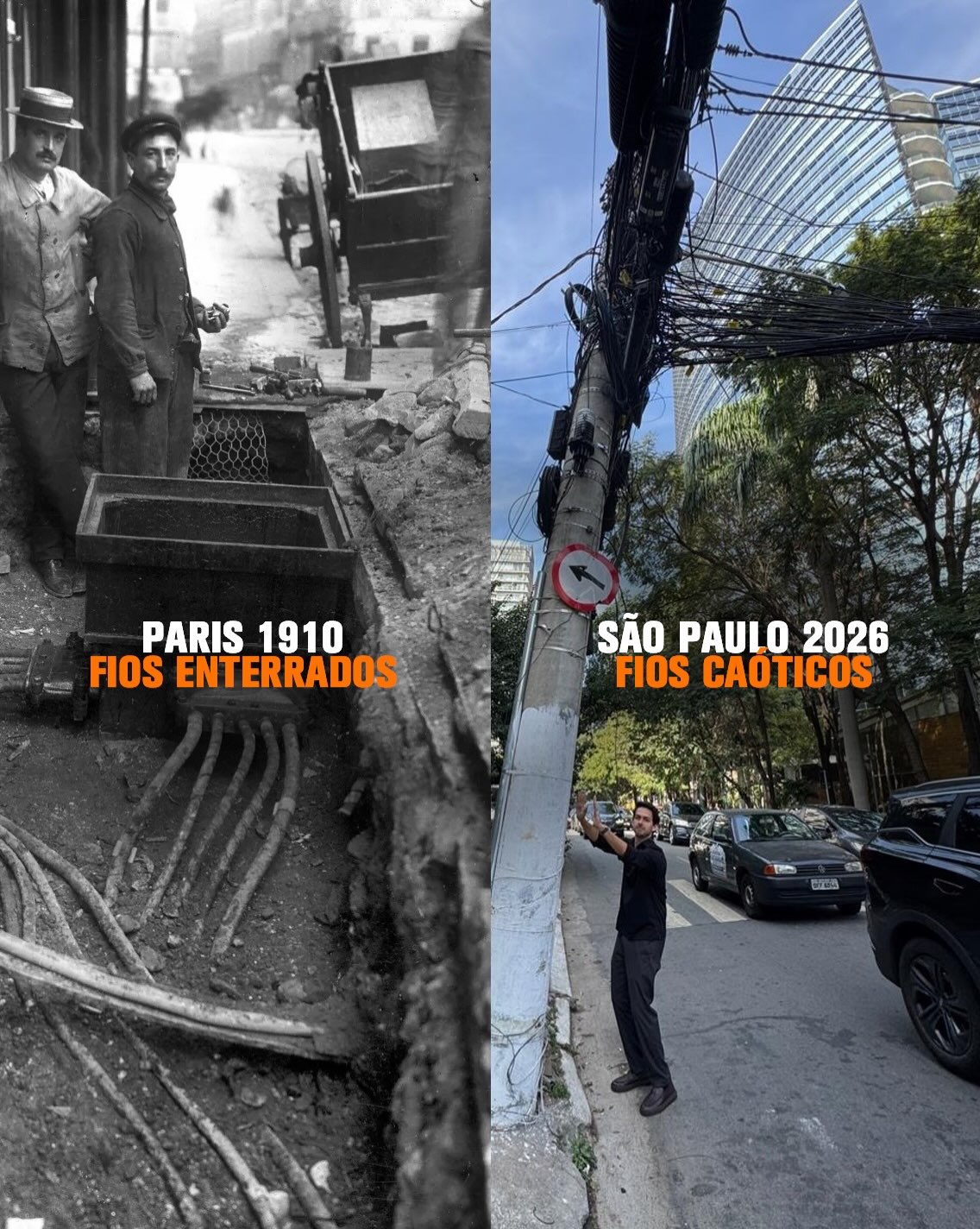 A primeira foto é de Paris enterrando seus fios há 116 anos.